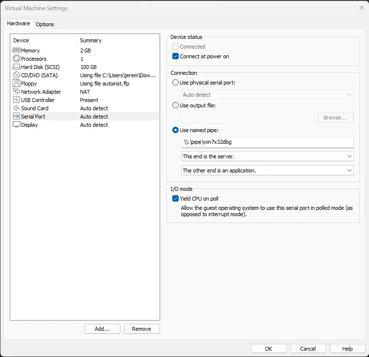 VMware Serial Settings