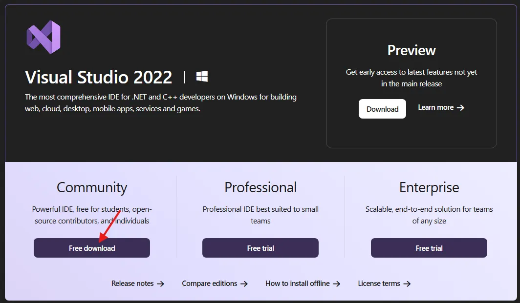 Visual Studio Download page