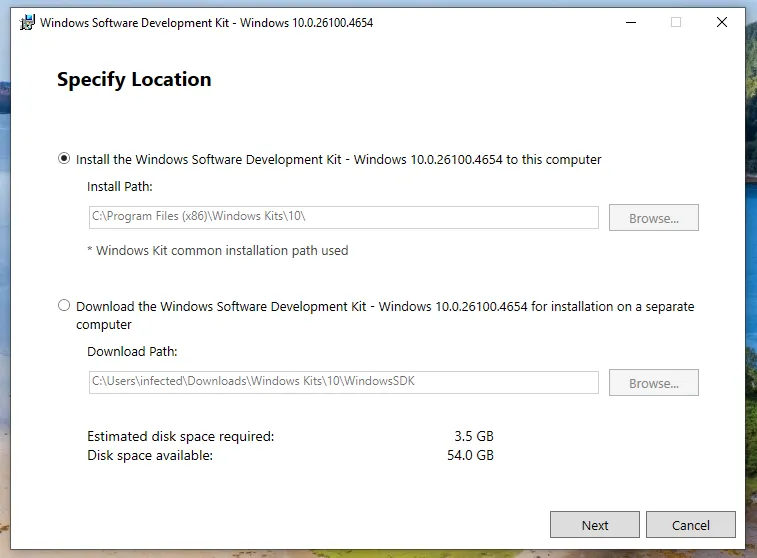 Install SDK location screenshot
